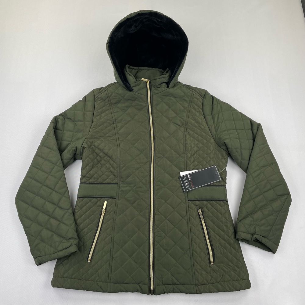 Big Chill Quilted Jacket Womens S Green Hooded Soft Fuzzy Faux Fur Lined NEW
